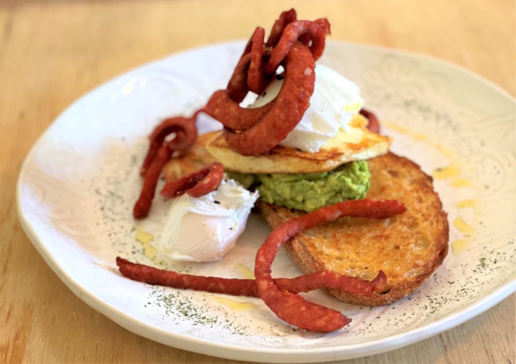 Chorizo and halloumi poached eggs