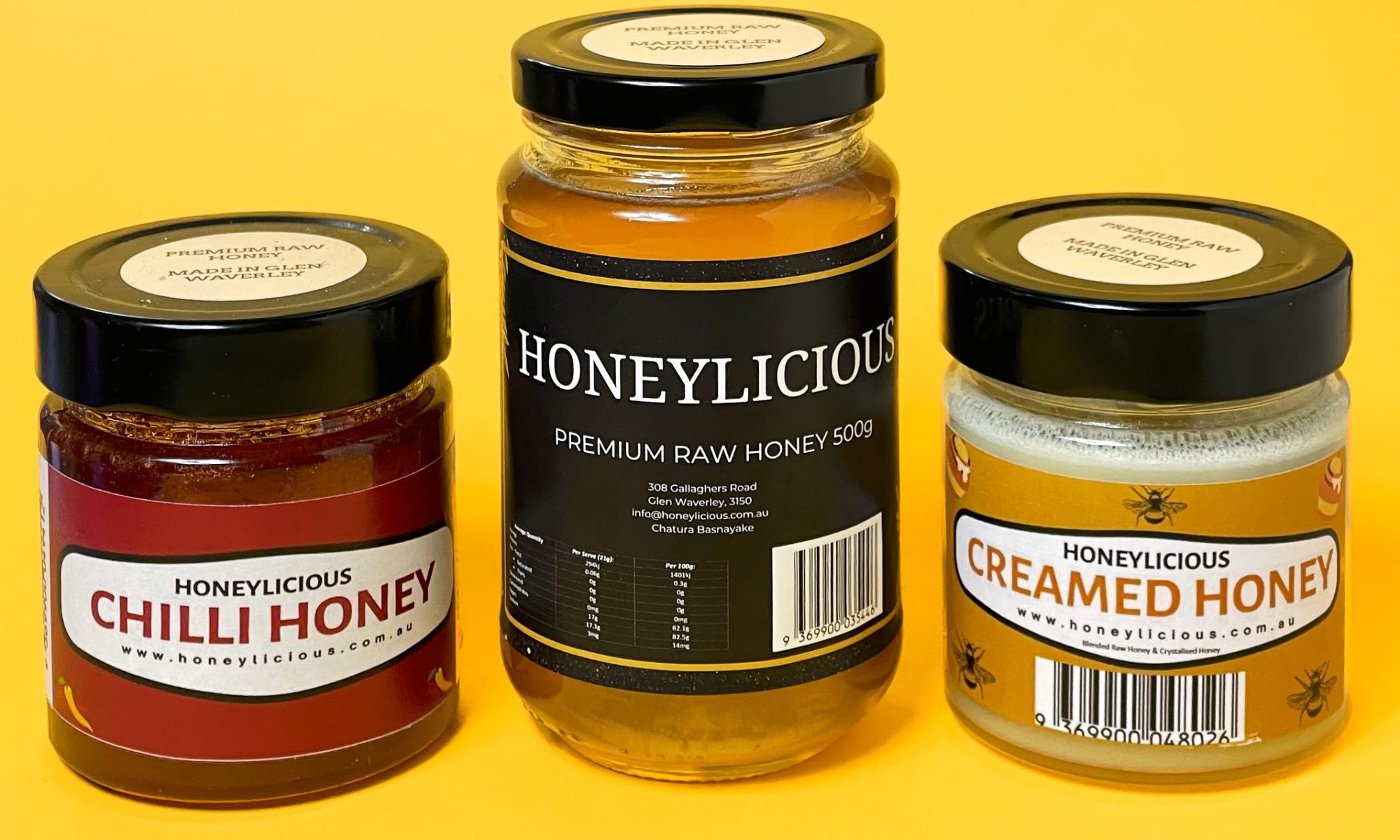 3 jars of Honeylicious honey on a yellow background