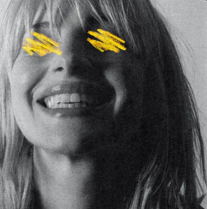 Black and White photo of Hayley Williams with yellow scribbles over her eyes. Kill Me Cover Art.