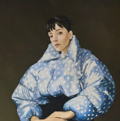 painted image of Lily Allen in a blue and white polka dot top. Album cover for West End Girl