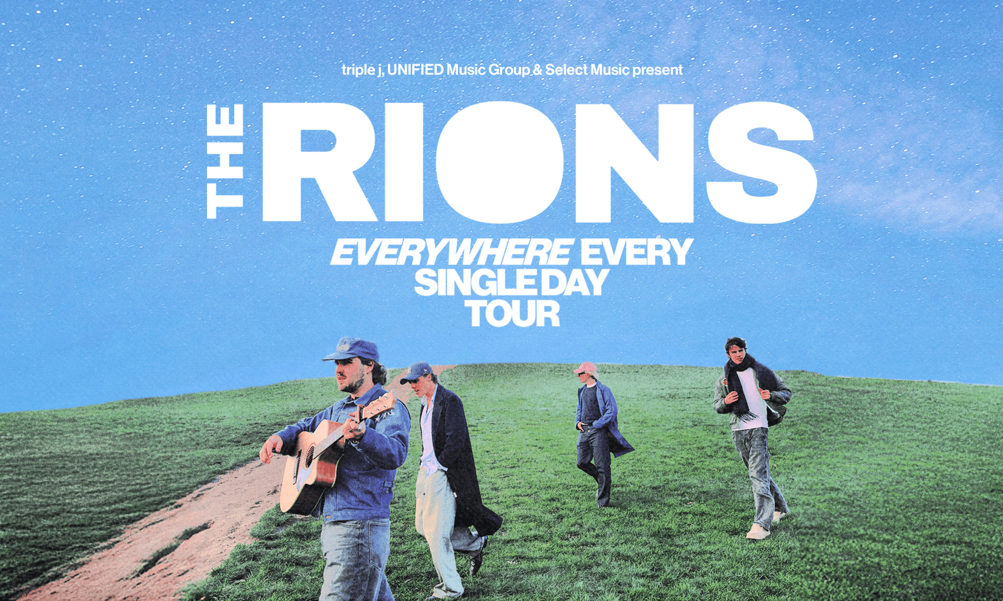 The Rions band in a field against a blue sky. Header image for their regional australia tour 2026