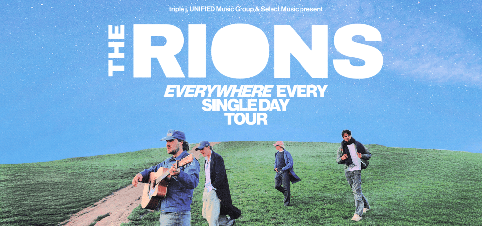 The Rions band in a field against a blue sky. Header image for their regional australia tour 2026