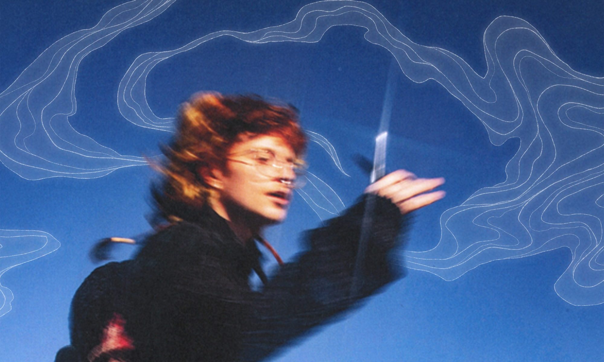Musician Cavetown running with scissors against a blue background