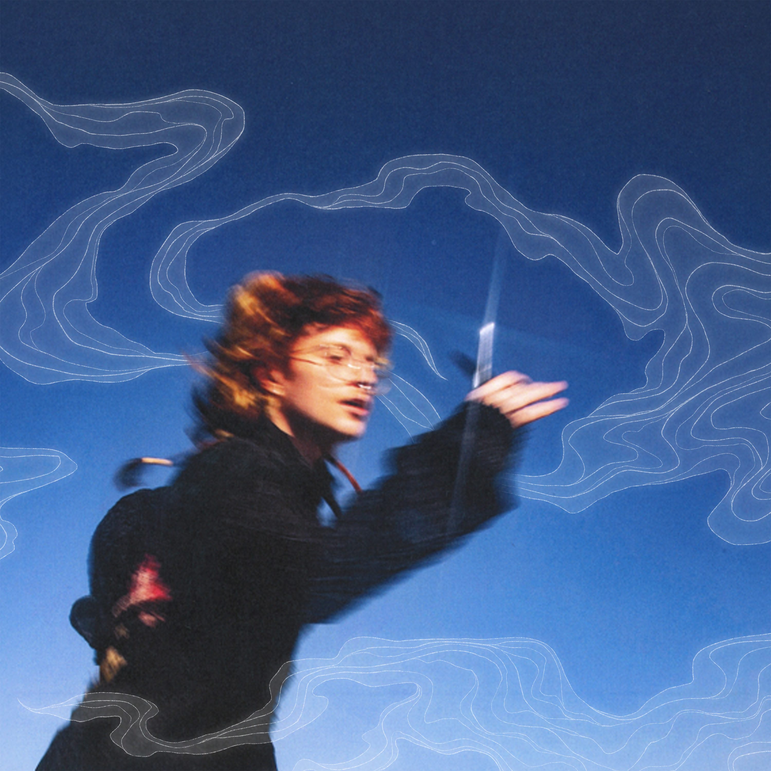 Musician Cavetown running with scissors against a blue background