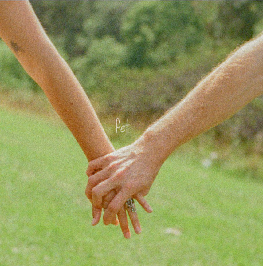 Image of two people holding hands. Only the arms can be seen. There is a garden or a park in the background. 