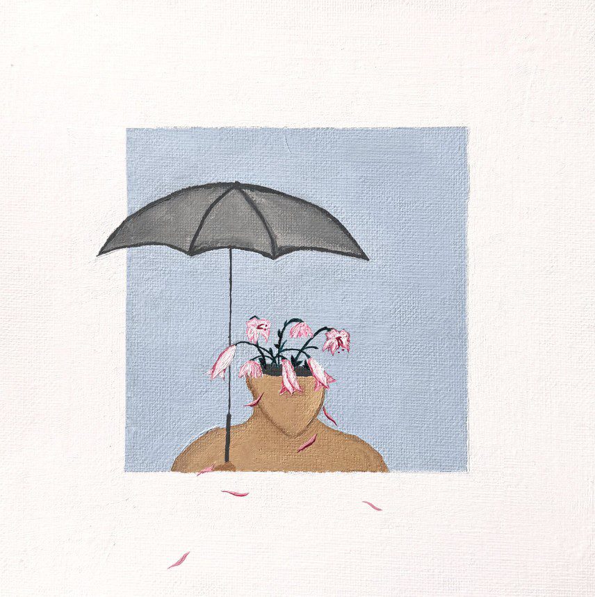 Watercolour painting of an umbrella and a wilting flower. EP Cover of Angus Legg's A Long Time Gone