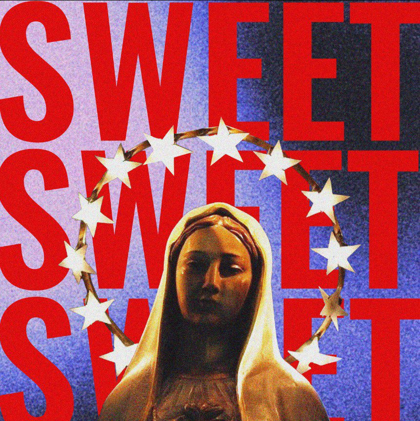 Image of Mary with the words Sweet Sweet Sweet behind in red. Single Cover for Matilda Pearl Sweet