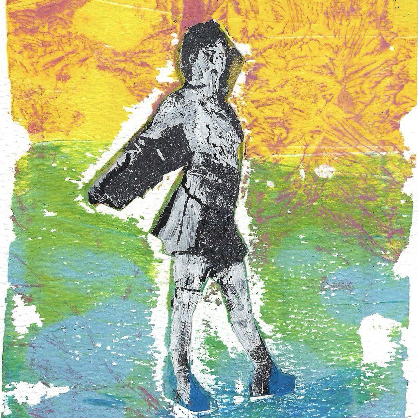 Cut out of a woman in black and white against a painted rainbow background. Molly Martin Accidental Popstar Album Cover