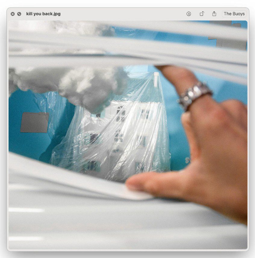 Image of a hand holding a house inside a plastic bag. Single cover for The Buoys Kills You Back